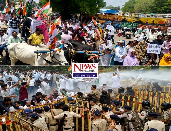महंगाई पर हल्ला बोल: बैलगाड़ियों पर चढ़कर पहुंचे कांग्रेसी, पुलिस ने छोड़ी पानी की बौछार