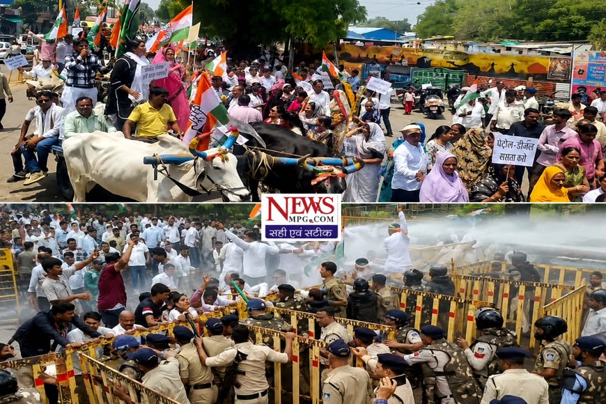 महंगाई पर हल्ला बोल: बैलगाड़ियों पर चढ़कर पहुंचे कांग्रेसी, पुलिस ने छोड़ी पानी की बौछार